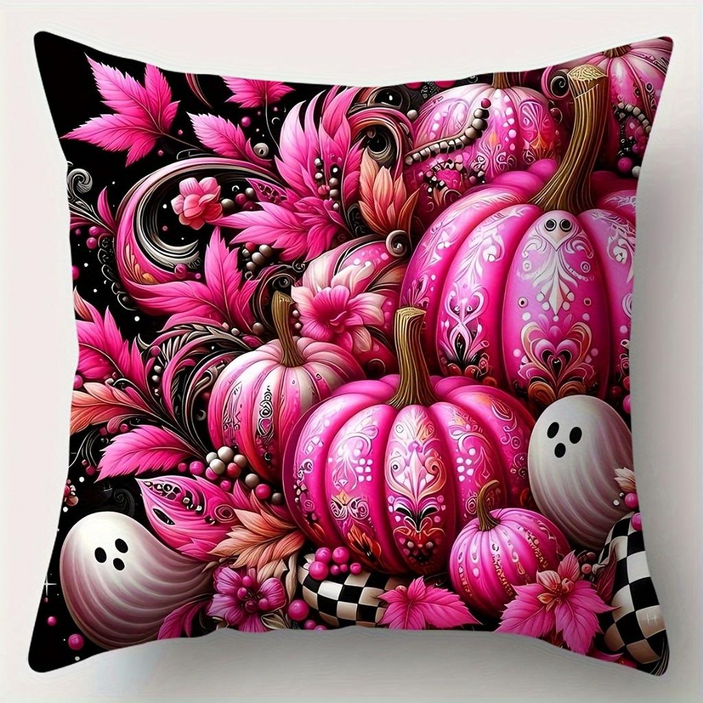 1pc Pink Black Halloween Cushion Cover Pumpkin Ghost Print Washable Soft Cover Gift for Holloween Themed Party Sofa Decoration