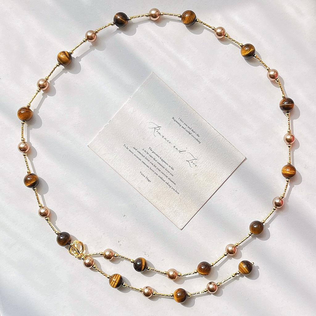Vintage Boutique Natural Tiger'S Eye Stone Artificial Crystal Pearl Design Sense Sweater Chain Necklace Collarbone Chain Women
