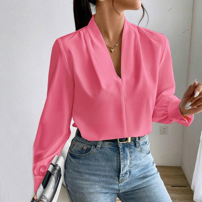 

Нова сатинова сорочка для жінок Весна Осінь Вільний топ з V-подібним вирізом Блузки S рожевий