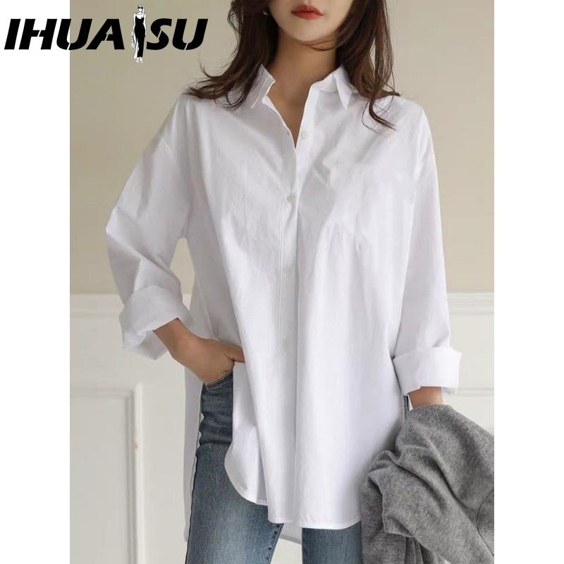 

IHUASU Женская Мода Повседневные Однотонные Блузки и Рубашки с Принтом и Длинным Рукавом и Воротником ПОЛО XXL белый