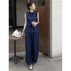 Korean Simple Dark Blue Denim Suit Female Design Sense Niche Sleeveless Breasted Top Loose Trousers Two-piece Set