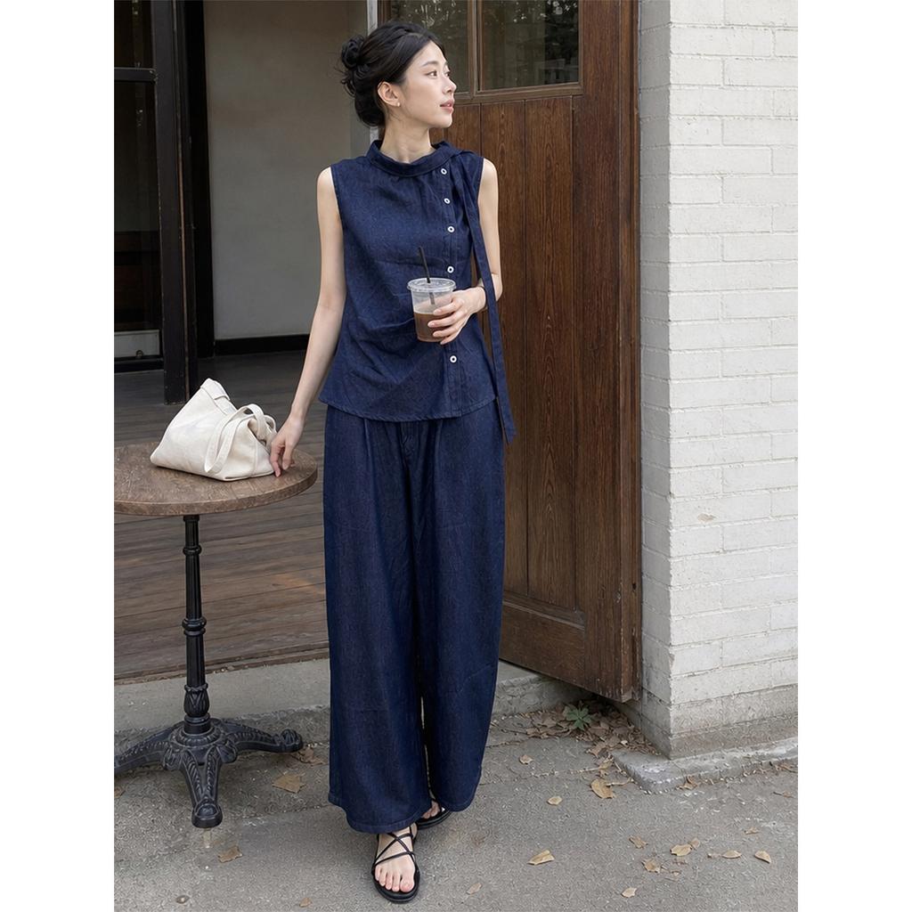 Korean Simple Dark Blue Denim Suit Female Design Sense Niche Sleeveless Breasted Top Loose Trousers Two-piece Set