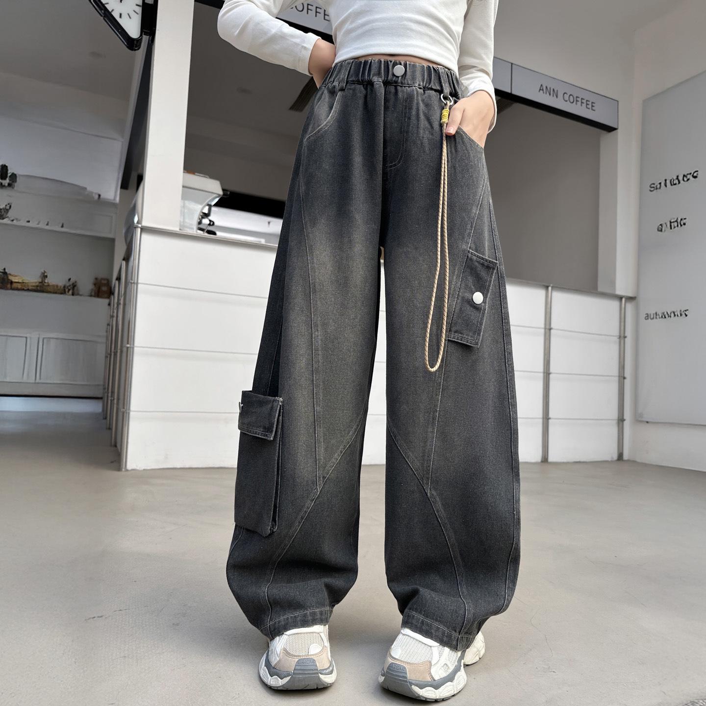 

Осенние джинсы широкого кроя из денима для девочек - Модные повседневные брюки в стиле 2025 года для детей старшего и среднего возраста 160 cm темно-серого