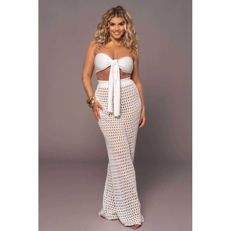

Casual Wide Leg Pant Suits Gyaru Bikinis Tube Top Hollow-out Knitted Wide-Leg Pants Set Summer White S