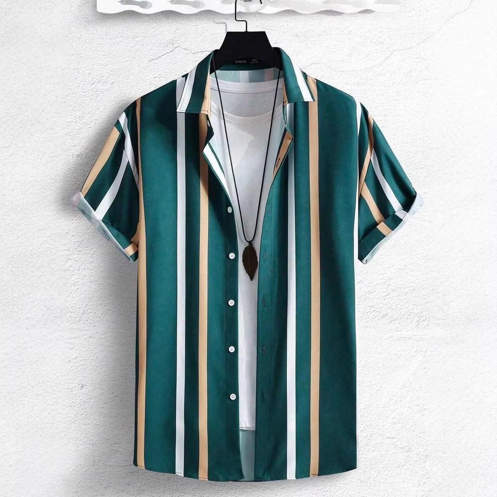 Summer New Men Clothes Short Sleeve Lapel Shirt Tops Fashion Stripe Design Men Tops