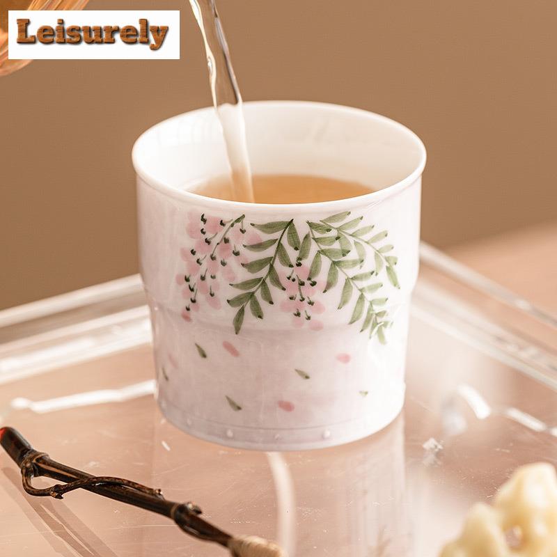 2pc/set Hand Drawn Wisteria Flower Teacup Dehua White Porcelain High Joint Cup Master Single Cup Women's Tasting Tea Mug Teaset