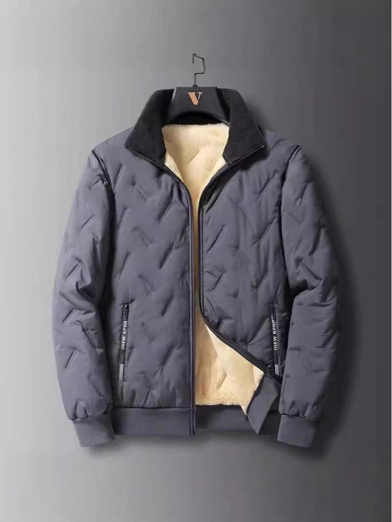 Men's Windproof Lambskin Cotton Winter Coat with Velvet, Thick, Loose Fit, Stand Collar, Large Size.