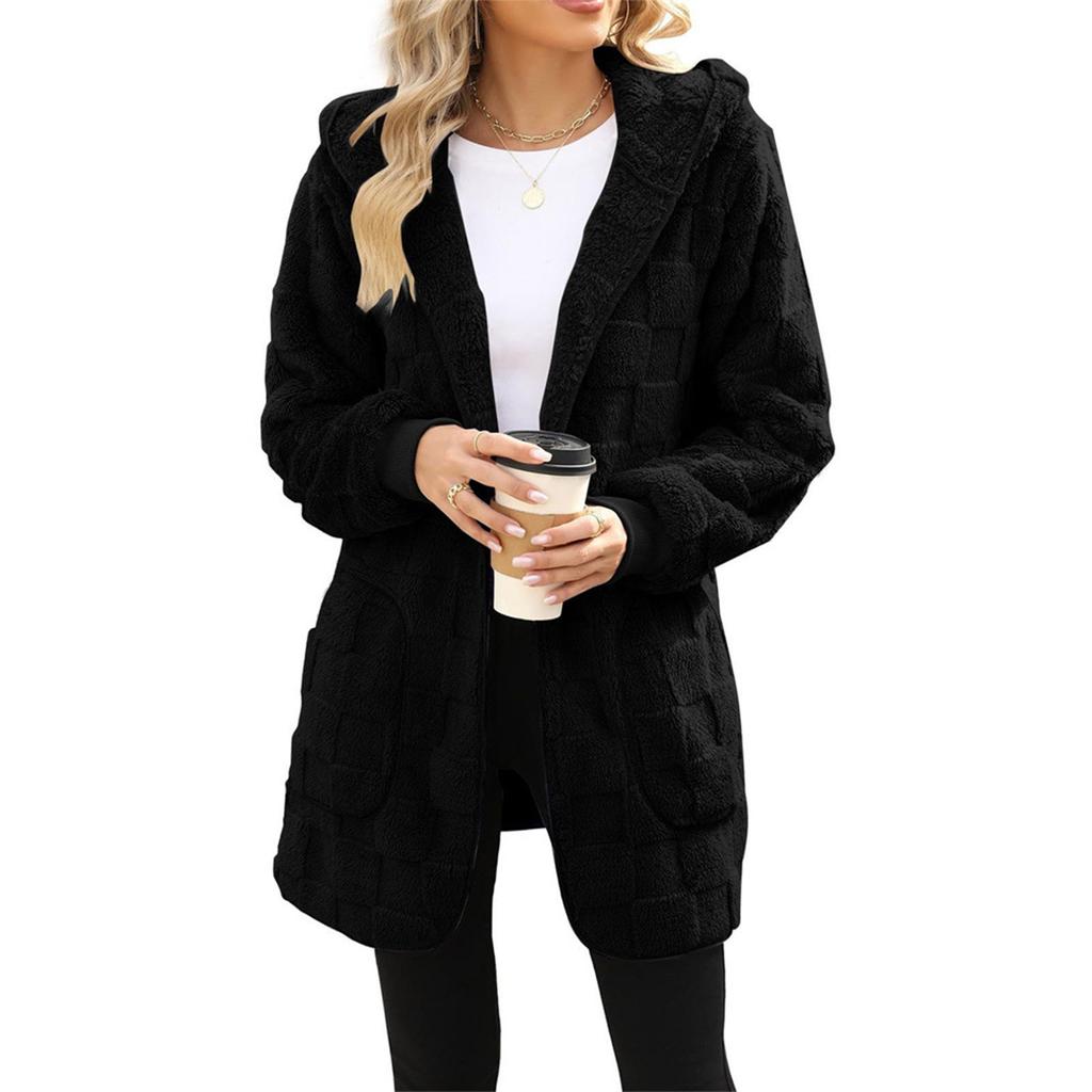 Women's Fashionable Solid Color Long Sleeved Plush Jacket, Casual Hooded Warm Cardigan Jacket With Pockets