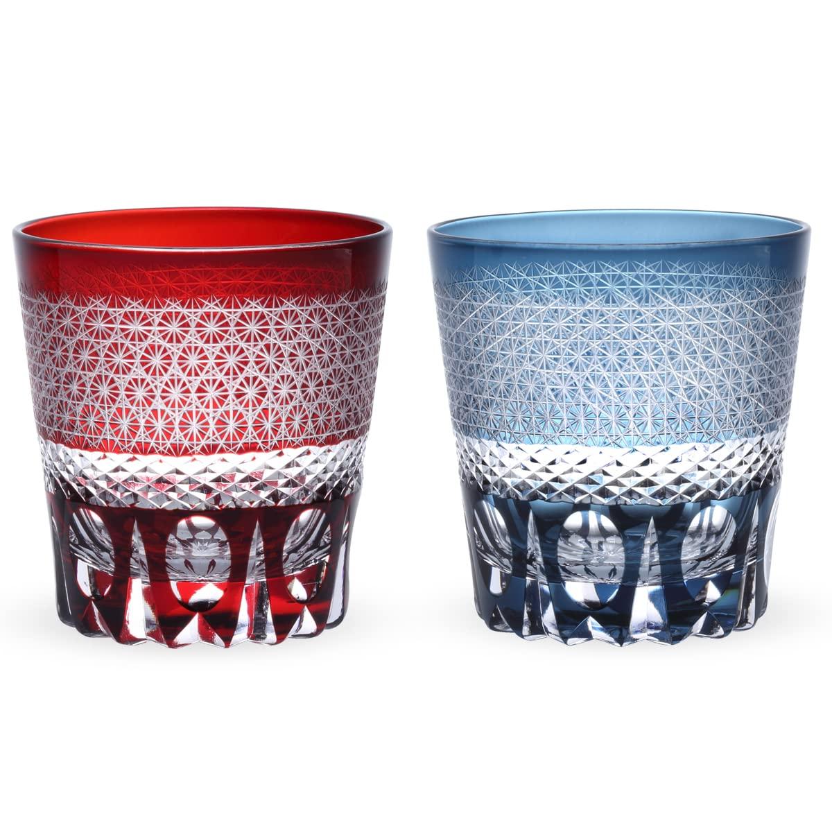 

Retro Kiriko Pair of Glass Sashiko Red Ink Current Model J-kitchens Cups, 85xH90mm, 260cc, Design, & Blue,