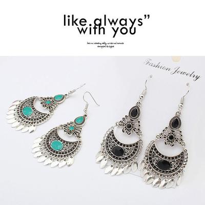 Retro High-End Antiksilber Mode Halbmond Ohrringe, Ethno-Stil Tropfenglasur Lange Quastenohrringe, Damen Ohrschmuck