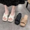 2025 summer new small man shows height Korean version thick-bottomed waterproof table slippers French women's one-word drag high-heeled sandals