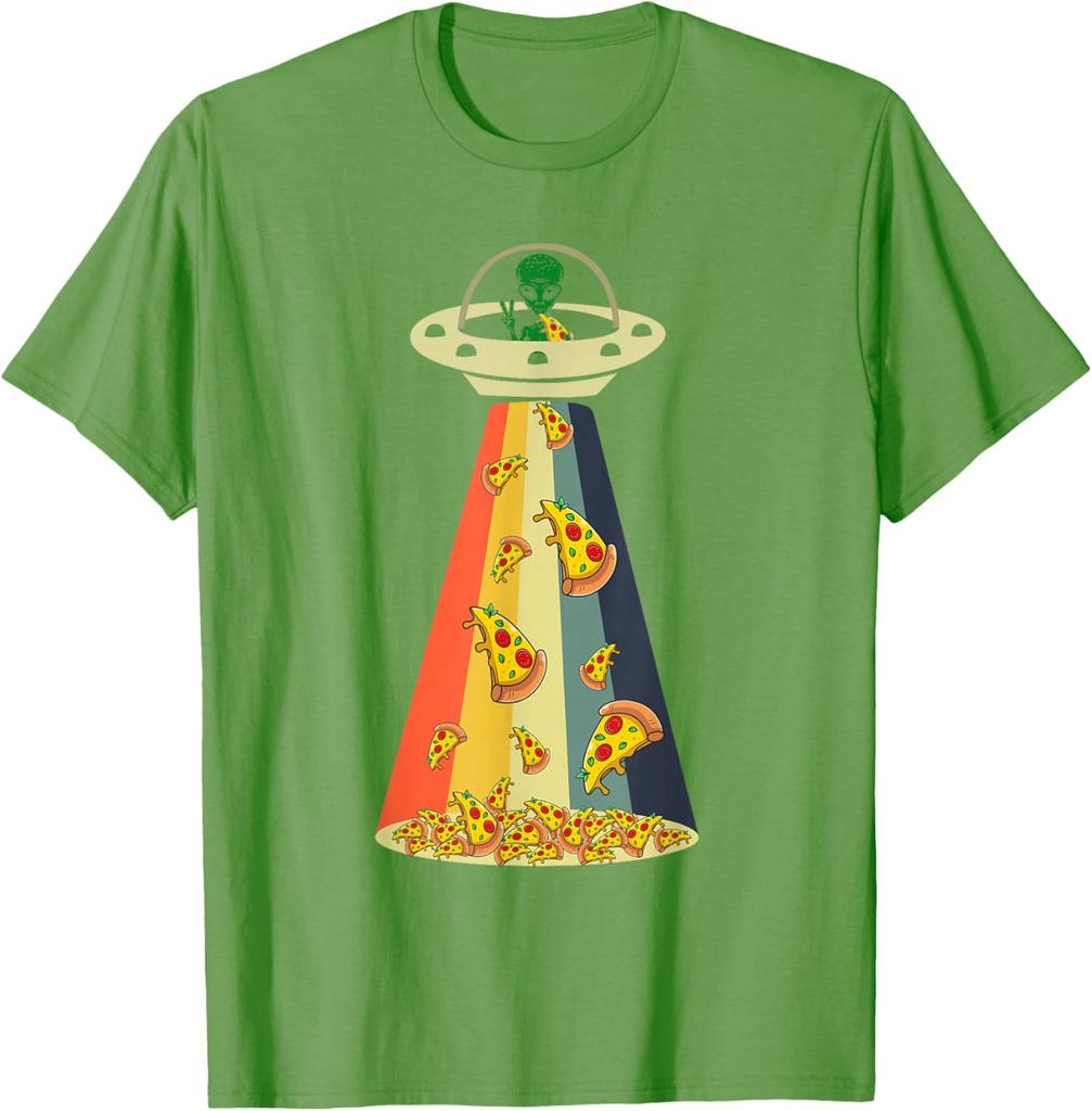 Pizza UFO Alien Abduction Graphic Retro Rainbow Light T-Shirt Funny Casual Cotton Tee