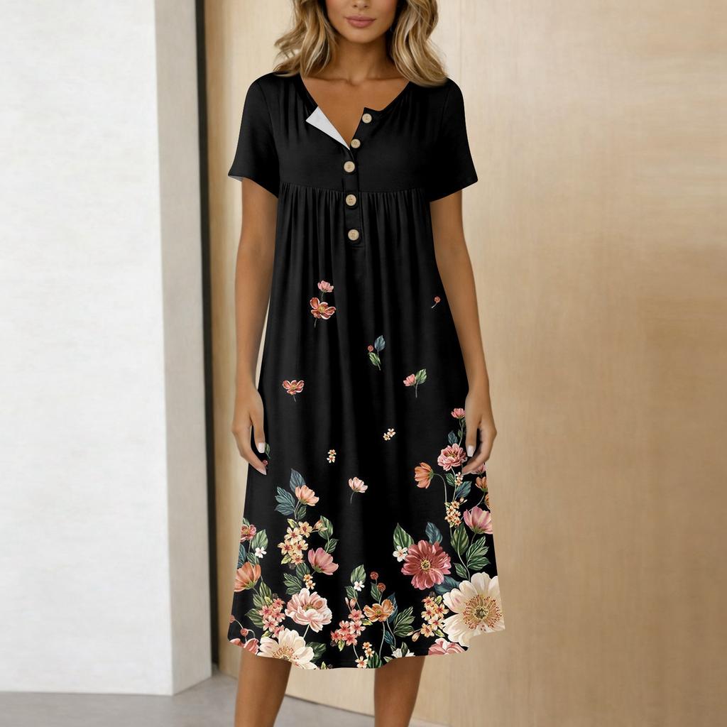 Modna damska sukienka retro z nadrukiem, okrągłym dekoltem, krótkim rękawem, zapięciem na guziki, o średniej długości, codzienna