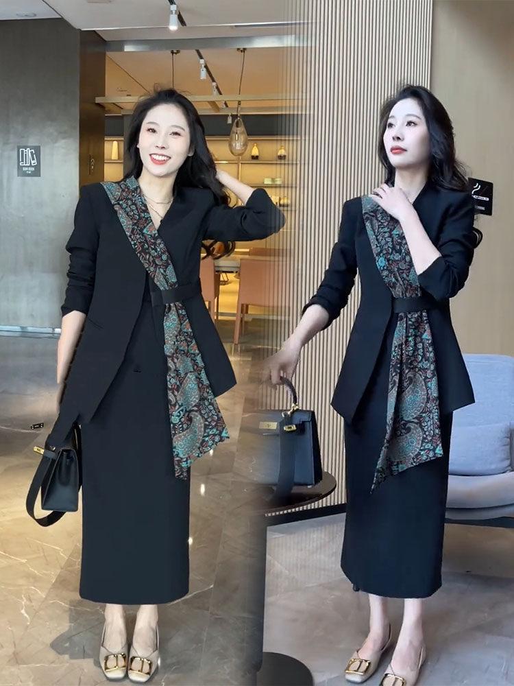 3022 Plus Size Women's Fashion Suit with Flowing Ribbon and Half Skirt - Slimming Two-Piece Commuting Set