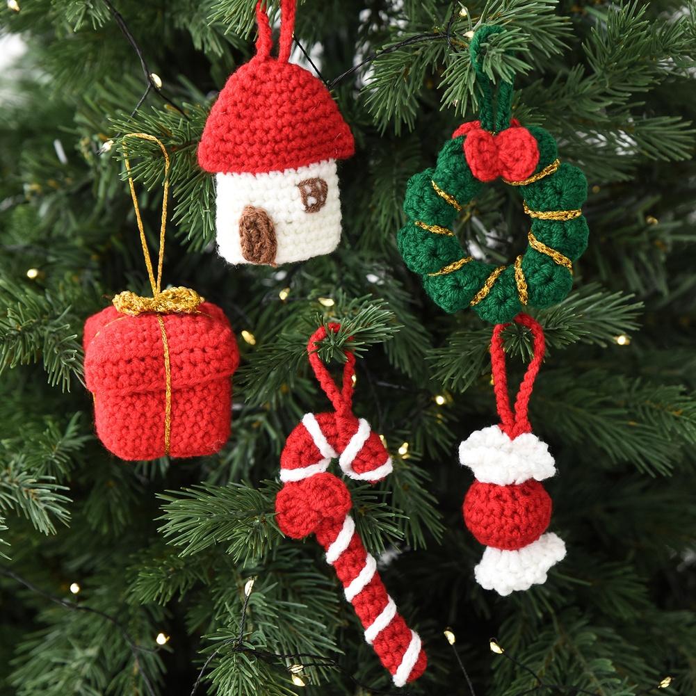 Christmas Yarn Ornaments Mini Tree Decorations In Assorted Shapes, Knit Hanging Decor For Festive Holiday And Seasonal Home