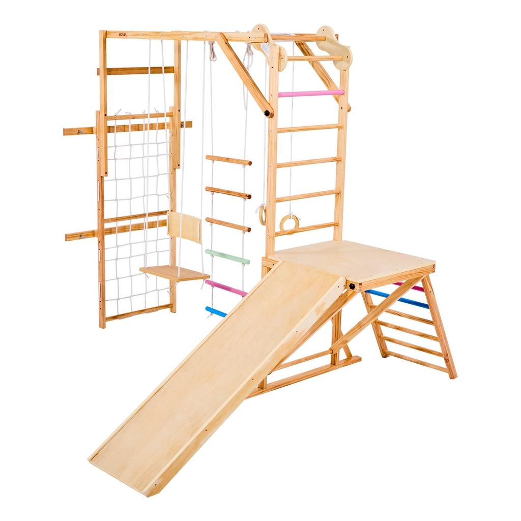 Indoor Playground Jungle Gym, 8-in-1 Wooden Indoor Playground Playset, 100KG Loading Montessori Climbing Toys with Swing, Slide, Monkey Bar, Gym