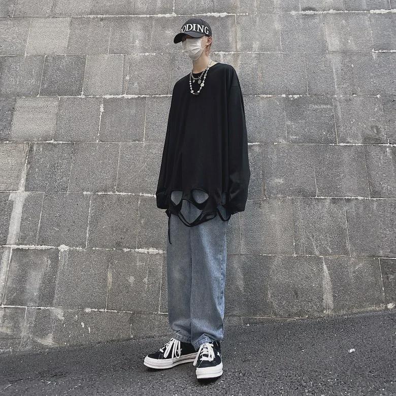 Unisex Loose Fit Long Sleeve T-Shirt with Distressed Hem and Solid Color
