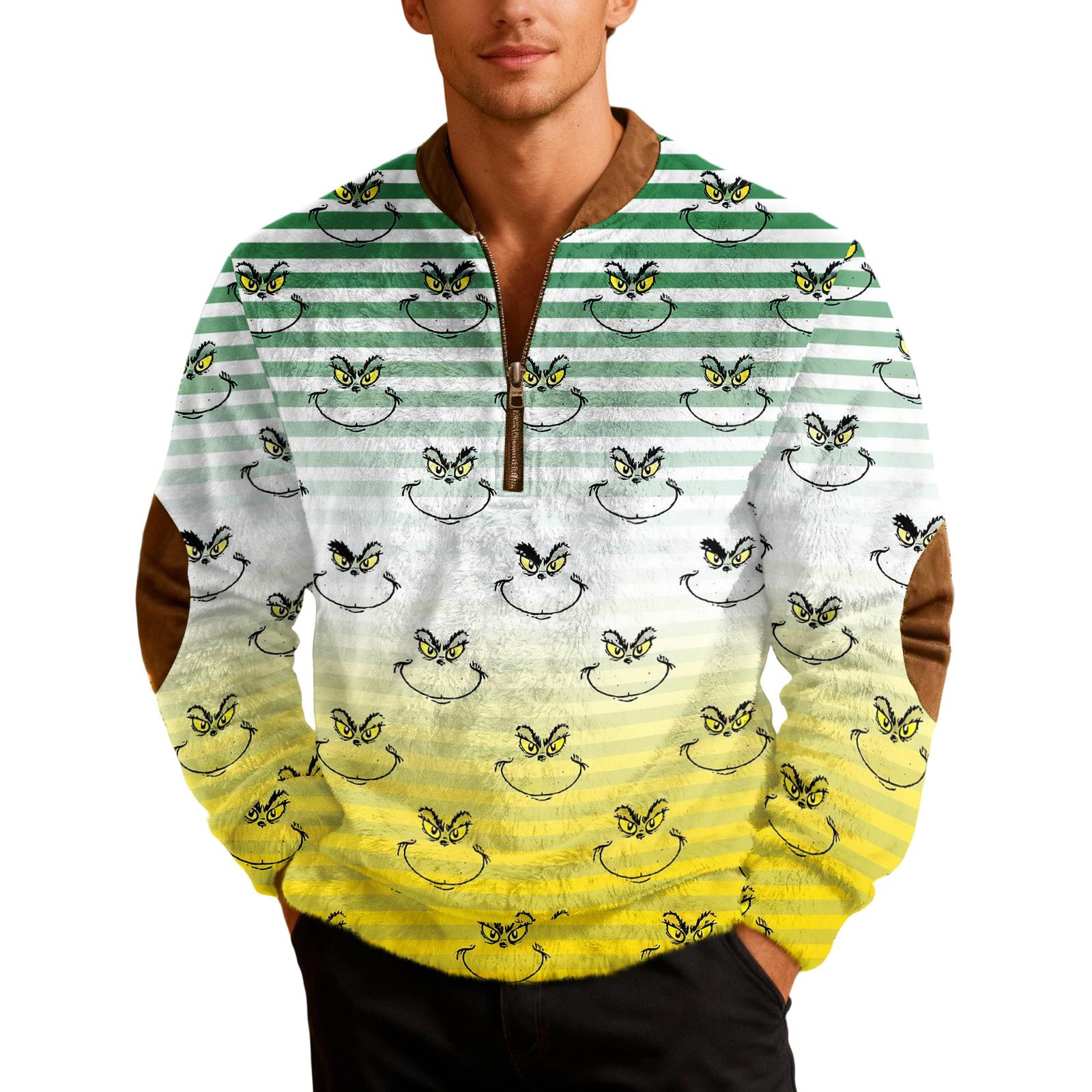 

Men s Casual Cartoon-printed Semi-zipper Flannel Retro Long-sleeved Sweatshirt XXXL жёлтый