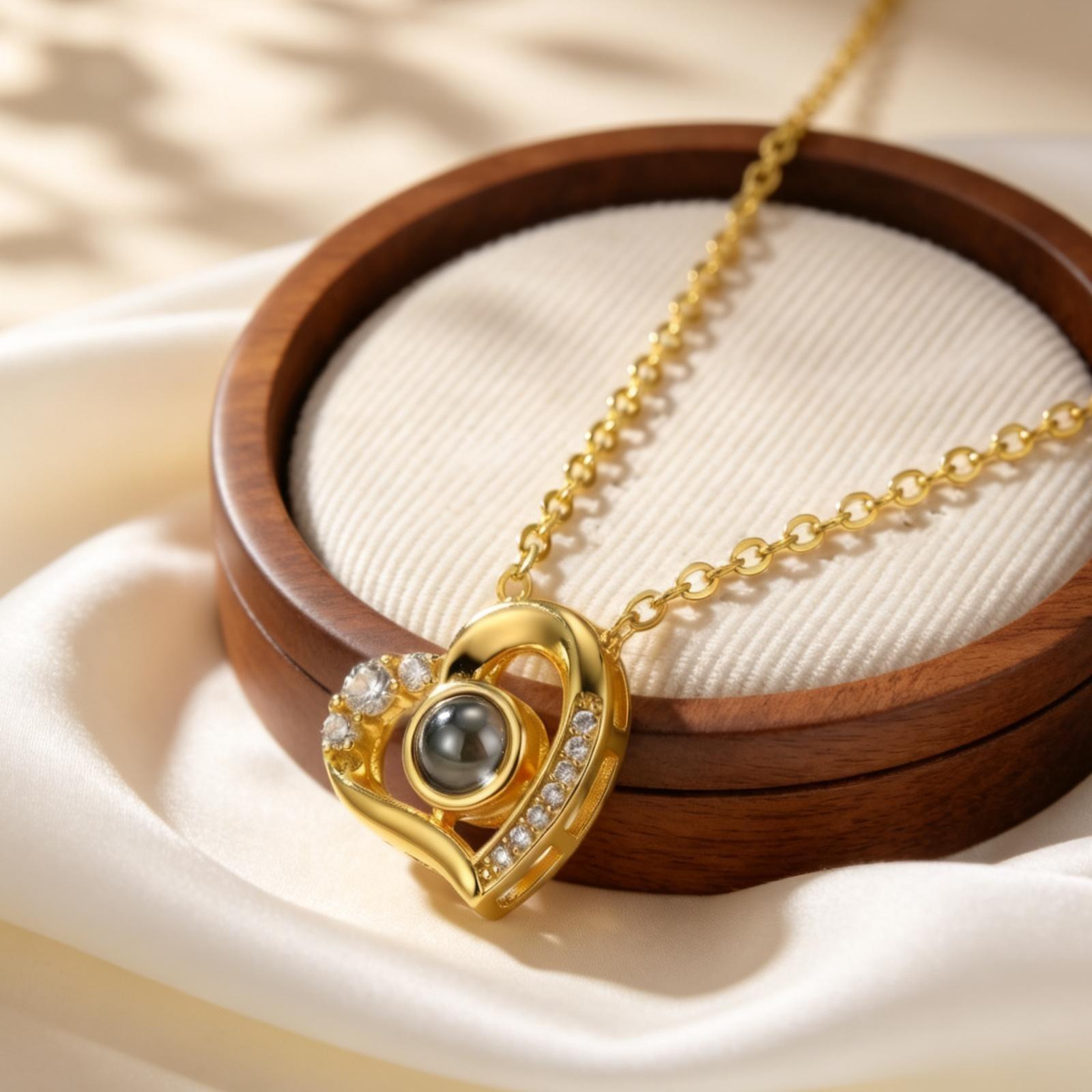

Luxurious Zircon Heart Projection Stone Necklace Flat Rolo Chain Custom Photo Necklaces Custom Jewelry Gift