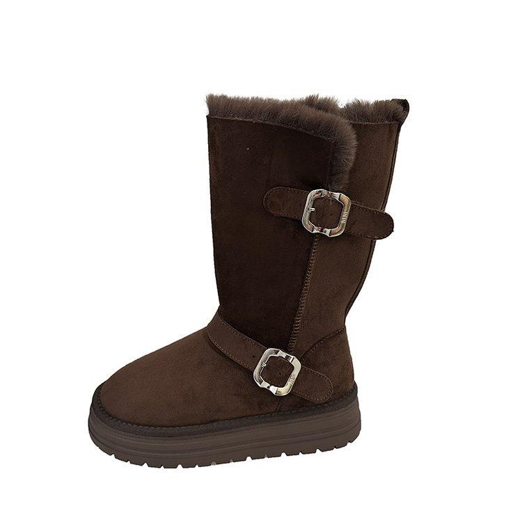 

Северо-восточные полусапоги и высокие сапоги в рыцарском стиле на толстой подошве, зимние сапоги, женские, 2025, новые, зимние, из овчины, с мехом, интегрированные серые сапоги 40 кофейный