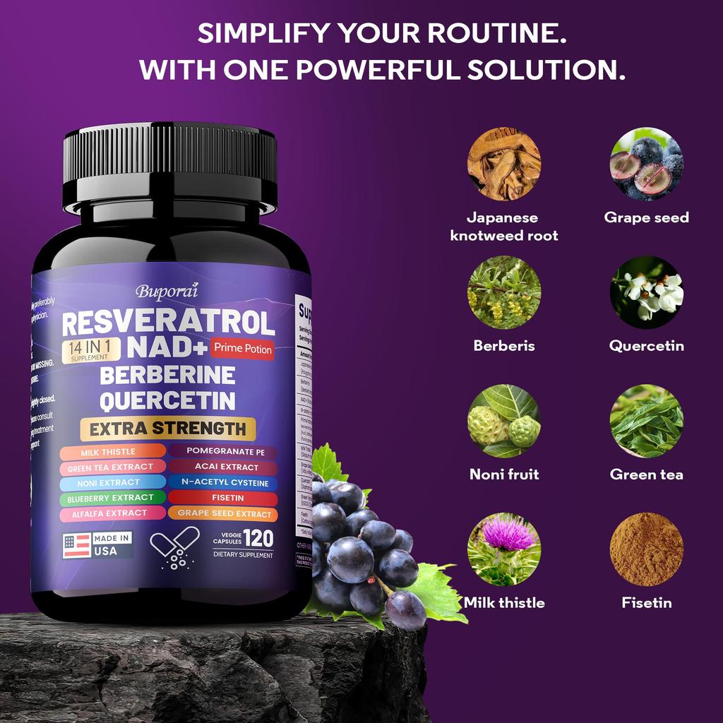Resveratrol Supplements, Milk Thistle, Berberine, Quercetin, and Green Tea Extract Improve Aging and Provide Antioxidant Benefits.