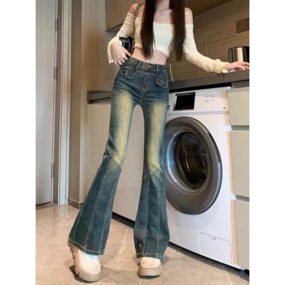 American street retro high-end Spice Girl micro-pull jeans spring and autumn new thin micro-pull jeans