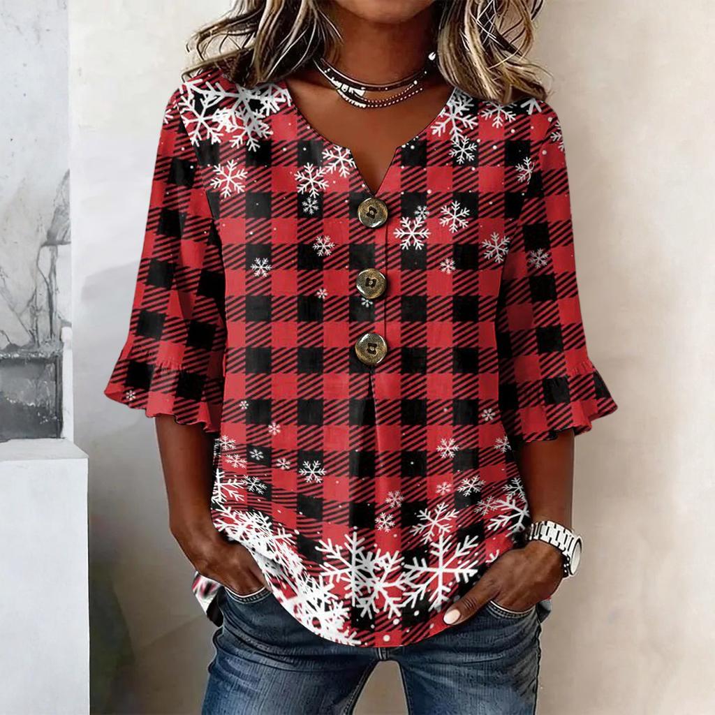 Women's Casual Christmas Print Button Front Top with Lace Sleeves