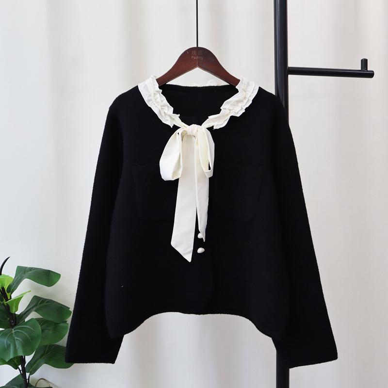 Autumn and Winter New Lace-up Bow Knitted Double-sided Cardigan Loose Temperament Sweater Jacket Women