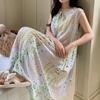 New Chinese sleeveless nightdress women's summer plant flower green cotton silk skirt high-end loungewear national style long skirt thin