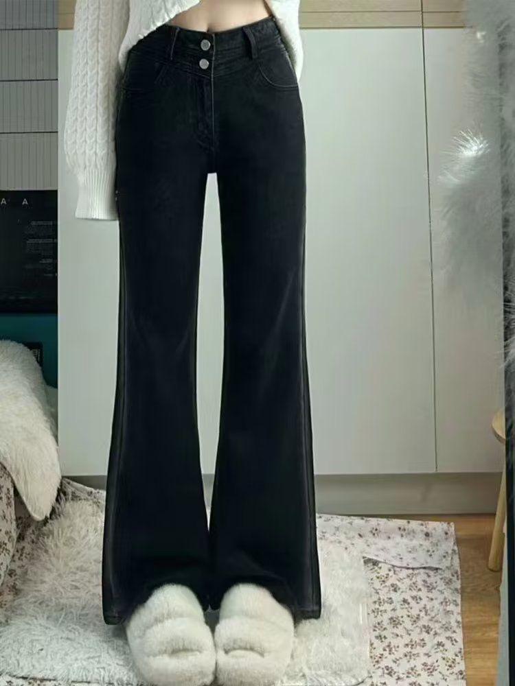 Women's Plus Size High-Waist Micro-Flare Jeans - Retro Color-Block Design for Spring/Autumn