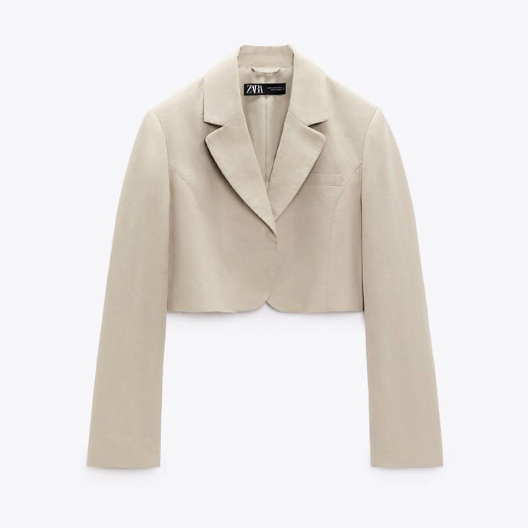 

[Б/У] Укороченный блейзер ZARA из смесового льна, песочный, размер XS