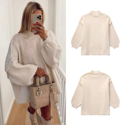 Damesmode Ronde Hals Gebreide Trui 2024 Nieuwe Herfst/Winter Trui met Lantaarnmouwen Dames High Street Warme Dames Chique Pullover Trui