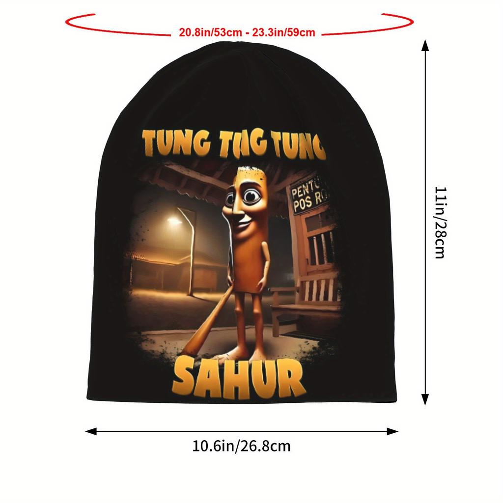 Tung Tung Tung Sahur Italian Brainrot Skull Cap - Unisex Hip Hop Beanie With Cartoon Character Design, Black Polyester Knit Hat