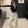 Women's High-Waisted Retro Apricot Wide-Leg Jeans with Loose Drape and Floor-Length Design