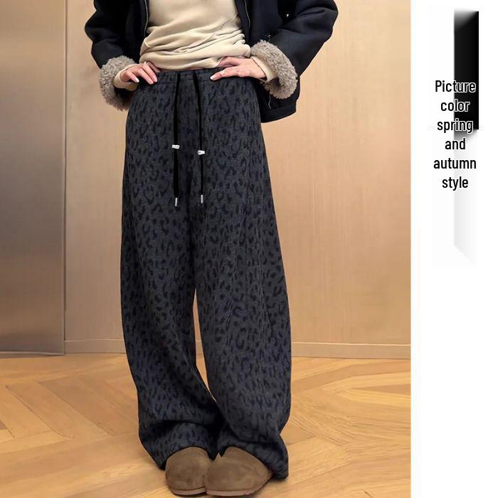 2025 Leopard Print Maternity Wide-Leg Pants, Plus Velvet, Retro Slimming Thick Winter Casual Wear M