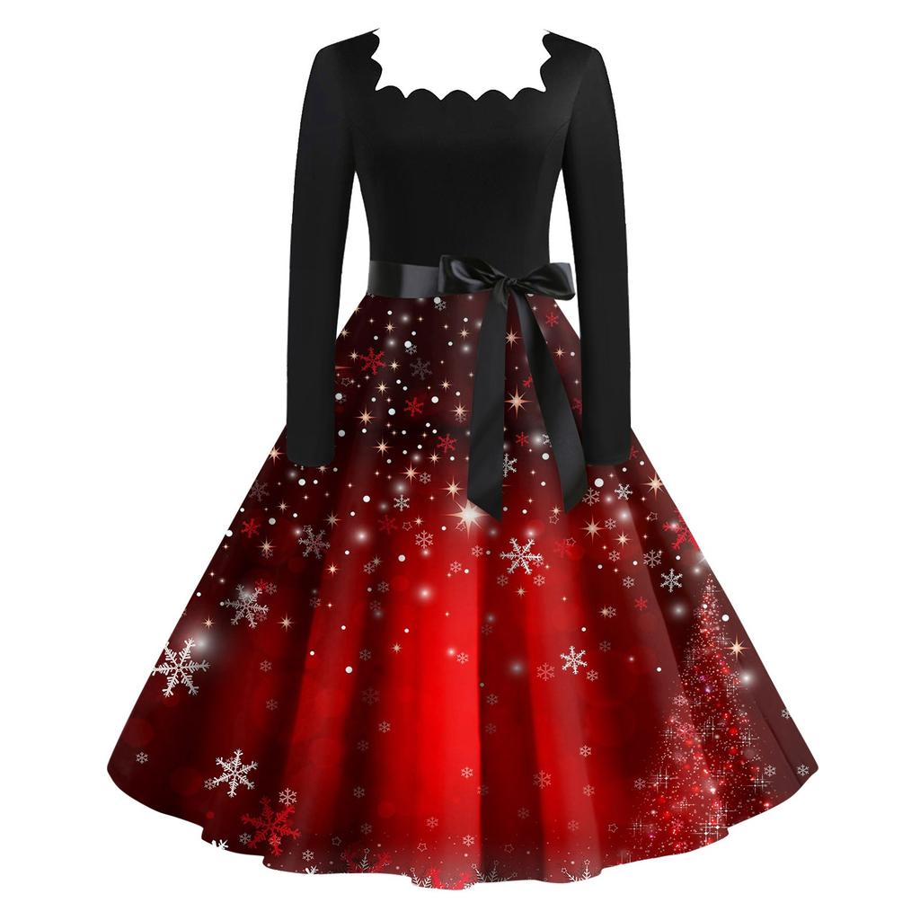 Dámské módní ležérní šaty s čtvercovým výstřihem, slim, s vánočním potiskem, s dlouhým rukávem