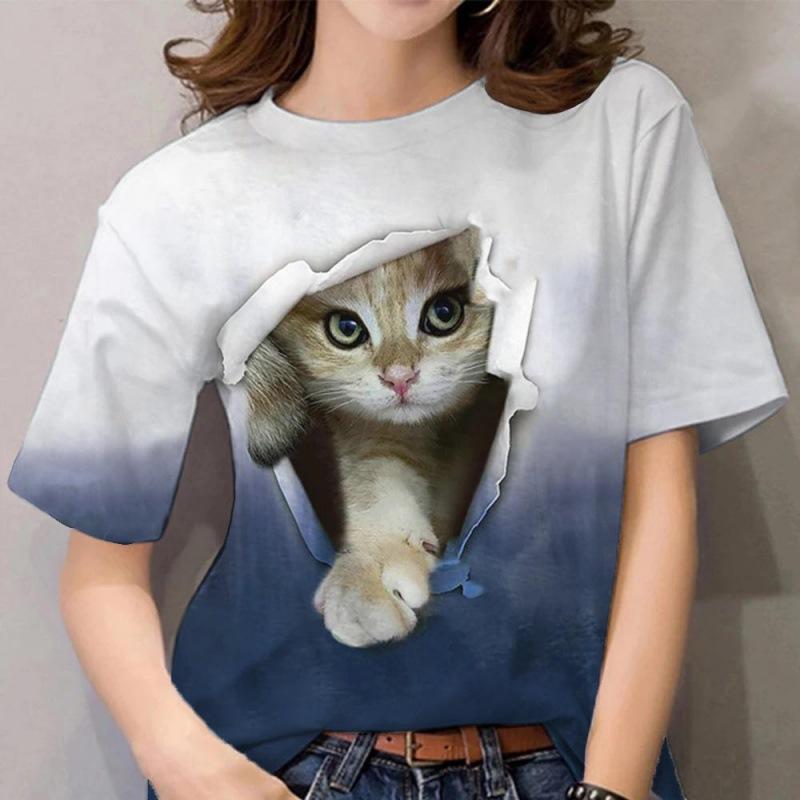 Summer Women's Short Sleeved T-shirt Cute Cat 3D Printed Fashionable Loose Casual Round Neck T-Shirts Women’s