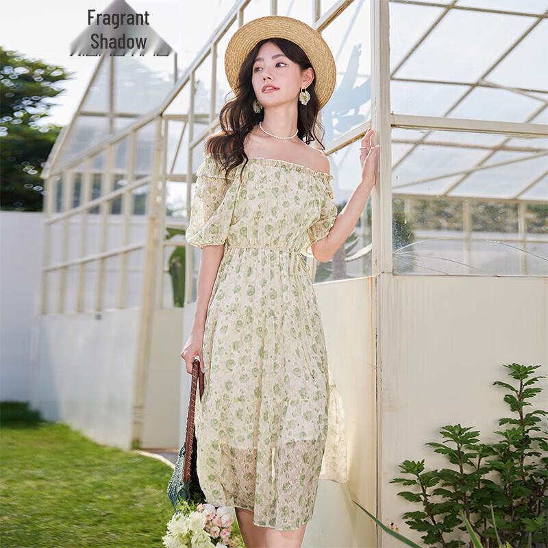 Xiangying Floral Square Neck Chiffon Dress M