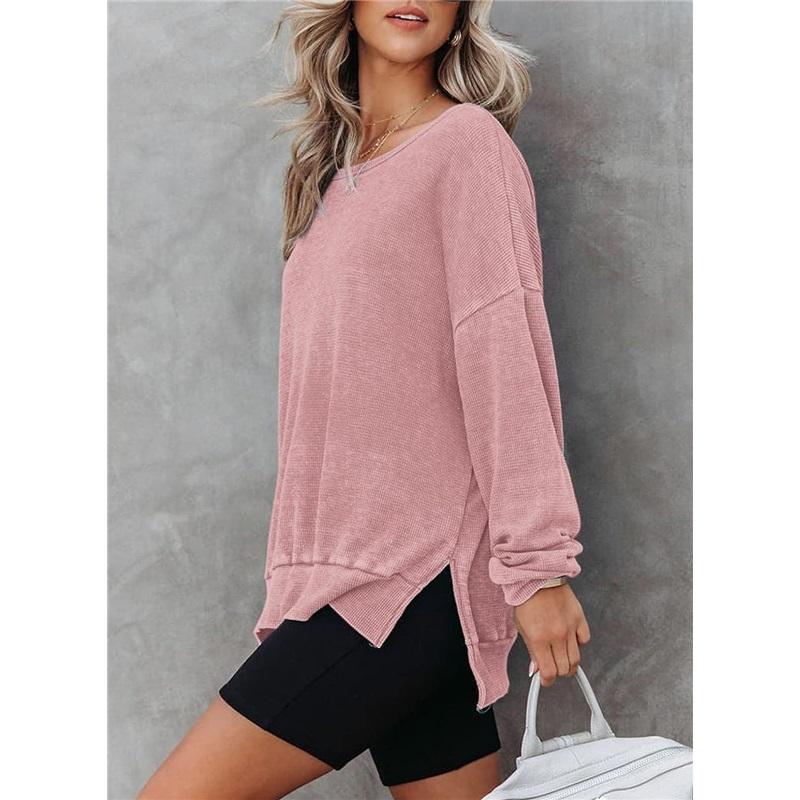 Women's Crew Neck Sweatshirt Loose Batwing Long Sleeve Pullover Irregular Hem Casual Blouse