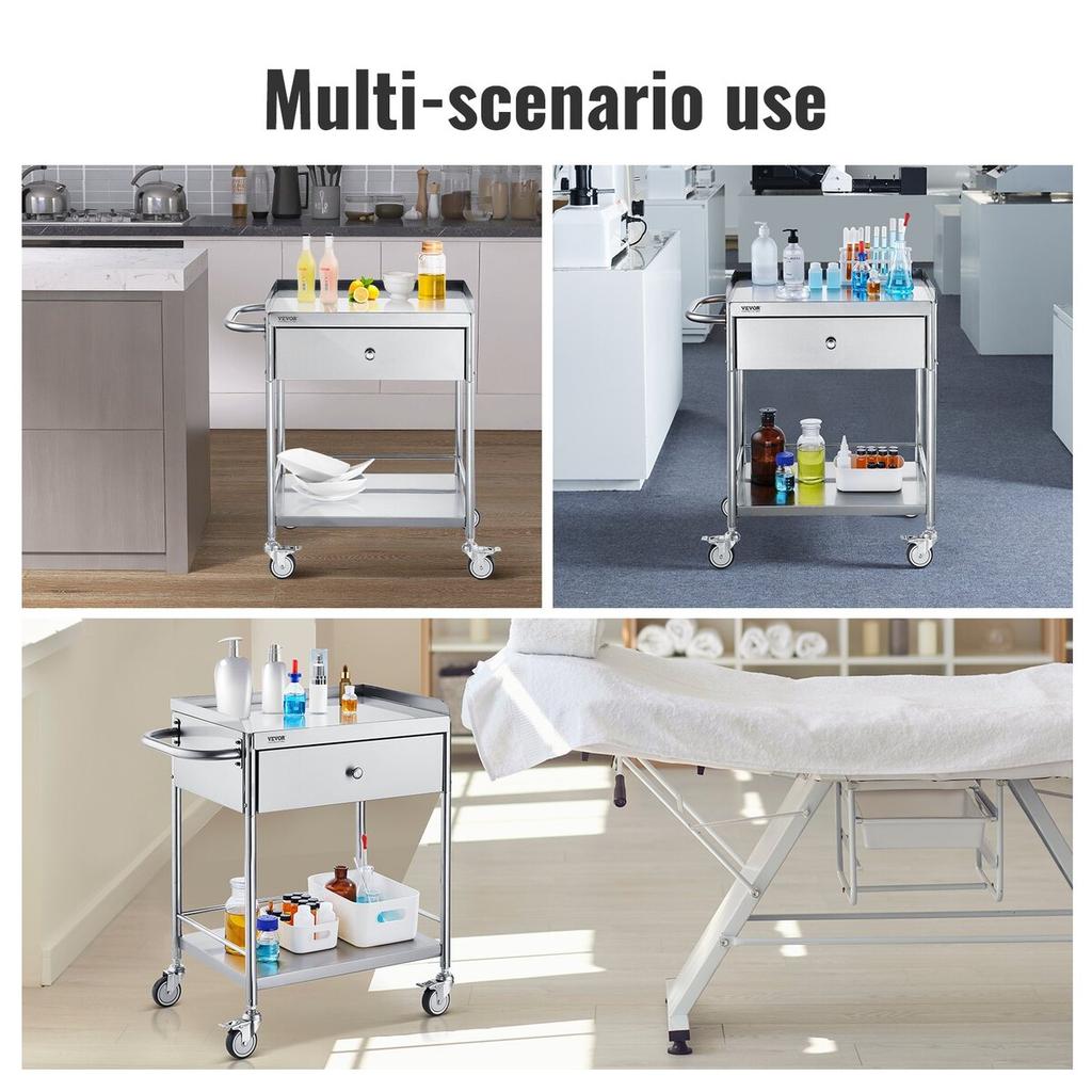 Medical Cart, 2 Layers Stainless Steel Cart 220 lbs Weight Capacity, Lab Utility Cart with 360° Silent Wheels and a Drawer for Lab, Clinic, Kitchen,