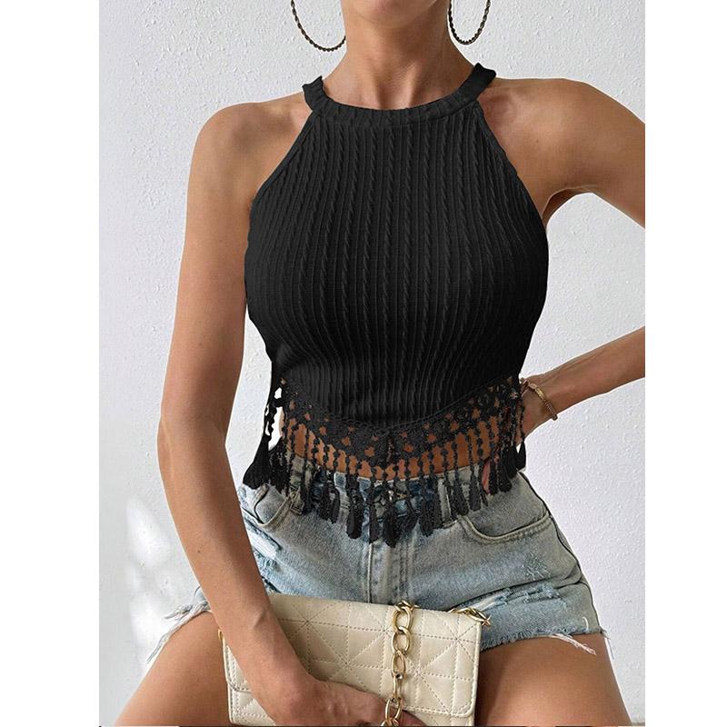 Women's Spring and Summer New Elegant Tassel Vest Short Slim Fit Slim Navel Top
