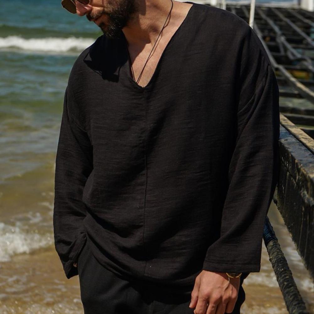 Men's Solid Color Long Sleeved Lazy Style V-neck Beach Cotton Linen Shirt