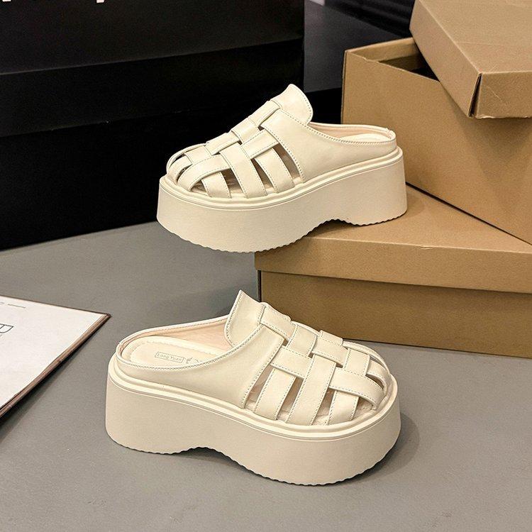 Thick bottom heightening bag head half slippers women's summer wear 2025 new summer fashion hollow muffin beach cool slippers