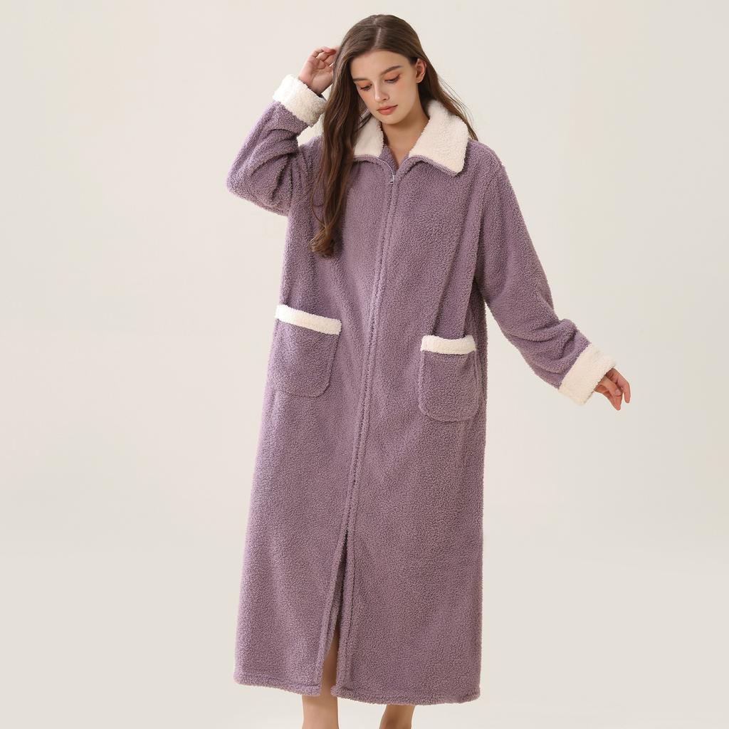 Men's Plush Bathrobe Zipper Up Long Housecoat Winter Warm SPA Fleece Duster Robe with Pocket Flannel Full Length Loose Fit Nightgown Sleepwear for Men