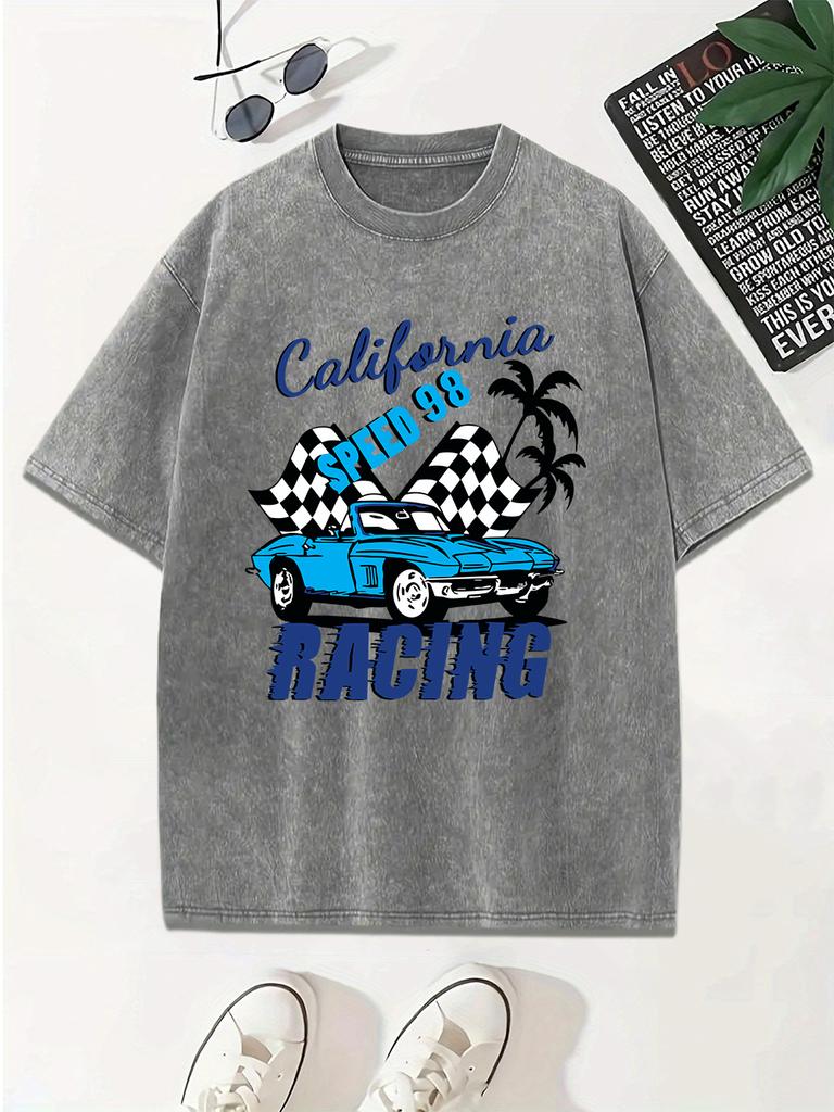 California Speed Racing Prints Washed TShirt Women Cotton Oversized Tops Casual ONeck Distressed T Shirt Summer Clothes