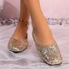 Damen Frühling und Sommer Neue Damenschuhe Pailletten Schimmernd Flacher Ausschnitt Damen Single Shoes Eckige Zehenpartie Flacher Boden Blockabsatz Lässige Single Shoes