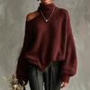 Damenmode Herbst 2026: Lässiger lockerer Pullover mit schrägem Ausschnitt und Puffärmeln