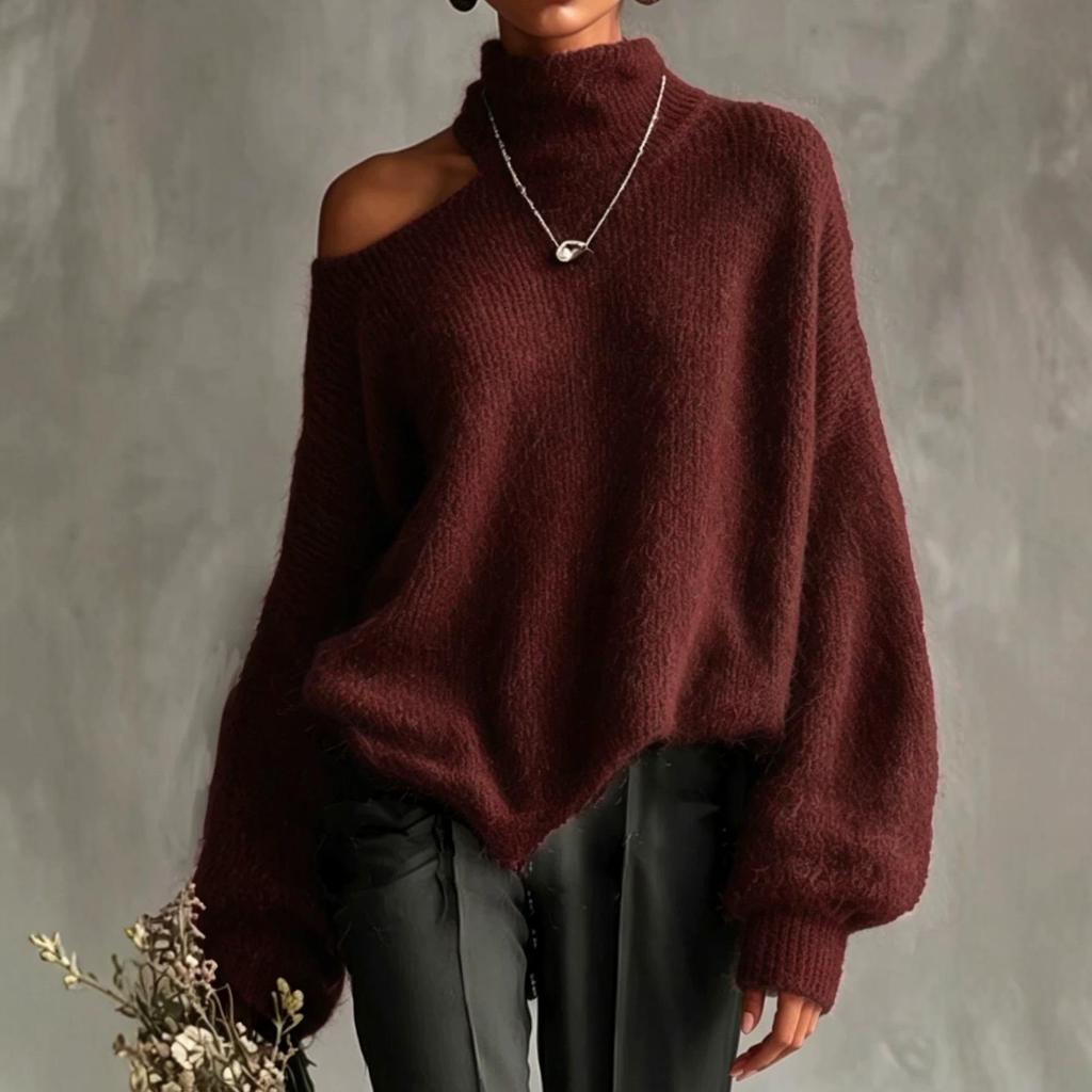 Damenmode Herbst 2026: Lässiger lockerer Pullover mit schrägem Ausschnitt und Puffärmeln