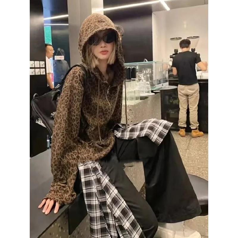 Y2K Leopard Print Hooded Jacket Women Full Zip Drawstring Hood Long Sleeve Loose Fit Streetwear Street Ladies Outerwear