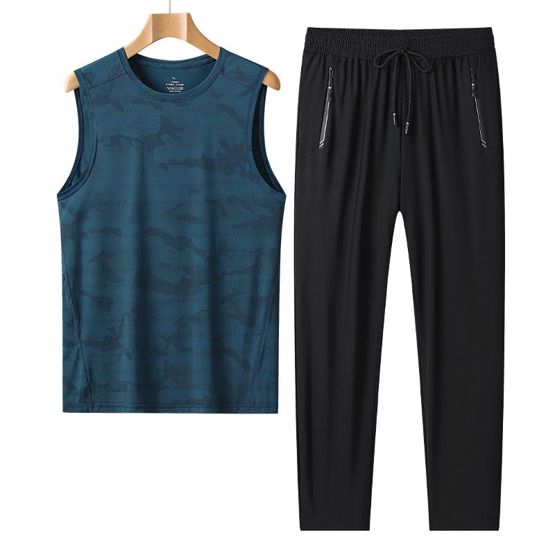 Camouflage Ice Silk Vest Suit Men s Quick-drying Trousers Two-piece Set Cool Breathable Casual Sports Suit T-shirt Men s Short-sleeved Sports Suit 2XL